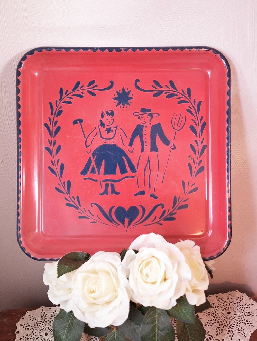 Vintage 1950s Social Supper Metal Dutch Folk Art Farmhouse Tray